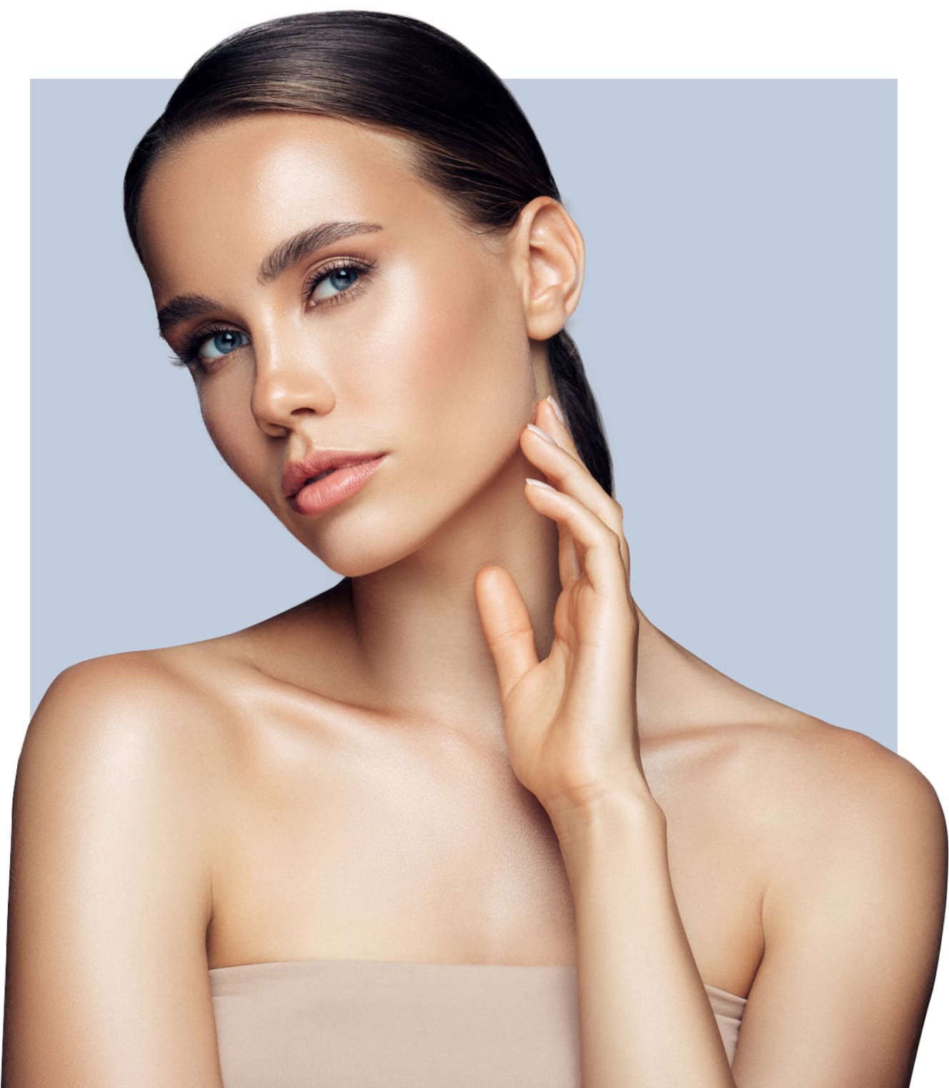 Model with dark hair and blue eyes against a blue background