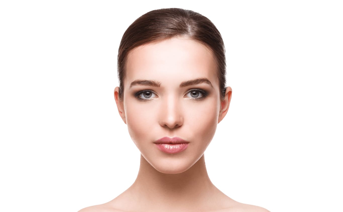 Close-up on a woman with brown hair and eyes