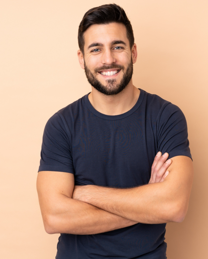 Bearded man wearing a navy t-shirt
